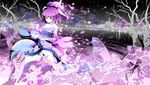  asakura_masatoki bare_shoulders bug butterfly dissolving_clothes flower hat hat_removed headwear_removed highres insect night petals purple_eyes purple_hair saigyouji_yuyuko sky solo star_(sky) starry_sky touhou tree 