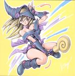  bare_shoulders blonde_hair blue_eyes blue_footwear boots breasts choker cleavage dark_magician_girl duel_monster facial_mark fingerless_gloves gloves hand_on_own_head hat knee_boots large_breasts legs long_hair lowres official_art pentacle signature smile solo straddling takahashi_kazuki wand wind wizard_hat yuu-gi-ou yuu-gi-ou_duel_monsters 