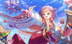  1girl :d blonde_hair blue_sky blunt_bangs blurry blurry_foreground blush cherry_blossoms commentary_request day depth_of_field flower game_cg green_eyes hair_flower hair_ornament hair_ribbon hakama highres japanese_clothes kathrina_griebel long_hair long_sleeves official_art open_mouth outdoors outstretched_arms petals red_ribbon ribbon sky smile solo third-party_source very_long_hair wide_sleeves world_dai_star 