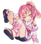  1girl arm_warmers barefoot bike_shorts black_shorts blonde_hair chaosexceed commentary english_commentary feet gradient_hair highres japanese_clothes kimono knees_up leg_warmers looking_at_viewer mixed-language_commentary multicolored_hair open_mouth original paid_reward_available pink_eyes pink_hair pink_kimono pink_leg_warmers sandals short_hair short_shorts shorts simple_background sleeveless sleeveless_kimono soles solo toenails toes white_background zouri 