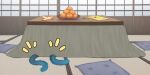  1girl blue_archive commentary_request food fruit highres kikyou_(blue_archive) kotatsu mandarin_orange multiple_tails pizza_(pizzania_company) table tail tatami two_tails under_kotatsu under_table 
