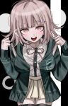  1girl blush breasts brown_hair brown_skirt collared_shirt danganronpa_(series) danganronpa_2:_goodbye_despair flipped_hair hair_ornament highres hood jacket long_sleeves looking_at_viewer medium_hair nanami_chiaki neck_ribbon open_clothes open_jacket pink_eyes pink_ribbon pleated_skirt ribbon shirt skirt smile solo tarutaru428 thighhighs white_shirt 
