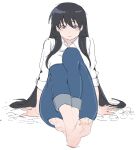  1girl arato_nagi barefoot black_hair blue_eyes blue_pants blush breasts collared_shirt commentary denim earrings english_commentary feet foot_focus highres jeans jewelry large_breasts long_hair pants ruri_no_houseki shirt shirt_tucked_in sitting sketch sleeves_rolled_up solo_focus stud_earrings utaha_rizumu white_shirt 
