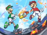  2girls ball blue_eyes blue_sky brothers brown_hair day facial_hair fire gloves green_hat green_shirt green_shoes hat highres holding holding_tennis_racket luigi luigi_(modern_tennis) mario mario_(modern_tennis) mario_(series) mario_tennis mario_tennis_fever multiple_girls mustache official_alternate_costume open_mouth outdoors racket red_hat red_shirt red_shoes shirt shoes short_hair shorts siblings sky teeth tennis_ball tennis_racket upper_teeth_only visor_cap white_gloves white_shorts yamari_(ya_mari_6363) 