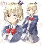  1girl absurdres alternate_costume ayaro_(genkiloobaii) black_jacket black_ribbon blonde_hair blunt_bangs blush bow bowtie closed_mouth collared_shirt commentary cowboy_shot expressionless green_eyes grey_skirt hair_ribbon half_updo hand_up heaven_burns_red highres jacket long_sleeves looking_at_viewer medium_hair miniskirt nanase_nanami_(heaven_burns_red) open_clothes open_jacket pleated_skirt red_bow red_bowtie ribbon school_uniform shirt signature simple_background skirt solo white_background white_shirt zoom_layer 