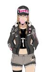  1girl absurdres baseball_cap black_hair black_shirt blonde_hair blue_eyes braid braided_sidelocks chain clothes_writing collarbone commentary cowboy_shot crop_top ear_piercing english_commentary english_text facial_mark fur-trimmed_jacket fur_trim galois grey_shorts hair_ornament hands_in_pockets hat hat_pin highres jacket jewelry long_hair midriff navel necklace original piercing shirt short_shorts shorts skull_hair_ornament solo star_(symbol) straight-on sum_41 torn_clothes torn_shorts zipper 
