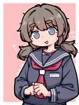  1girl black_sailor_collar blue_eyes blush brown_hair commentary_request flying_sweatdrops highres long_hair long_sleeves low_twintails morikawagon open_mouth original own_hands_together pink_background sailor_collar school_uniform serafuku solo striped_background twintails upper_body 