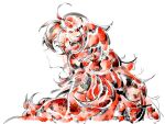  1other androgynous closed_mouth commentary crystal_hair curly_hair hair_focus highres houseki_no_kuni long_hair looking_at_viewer looking_back other_focus padparadscha_(houseki_no_kuni) portrait profile red_eyes red_hair shiorondo sideways_glance simple_background solo sparkle symbol-only_commentary white_background 