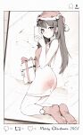  1girl absurdres ass bedroom blush brown_eyes brown_hair cellphone commentary english_commentary fireball_666 full_body gift hat highres holding holding_gift long_hair merry_christmas mirror_selfie original panties panty_pull phone santa_hat selfie smartphone socks solo spanked underwear 