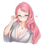  1girl absurdres bath_yukata blush breasts cleavage commentary_request fate/grand_order fate_(series) glasses hair_ornament hairclip heart highres japanese_clothes jewelry kimono koyanskaya_(fate) koyanskaya_(over_the_same_sky)_(fate) large_breasts long_hair long_sleeves looking_at_viewer mikon_(nicknqme) necklace pink_hair smile solo swept_bangs white_kimono yellow_eyes yukata 