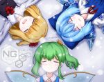  3girls bow breath cirno closed_eyes collared_shirt commentary_request daiyousei dated_commentary fairy frilled_shirt_collar frills hair_bow highres ice ice_wings j_k_tanashi lying medium_hair multiple_girls neck_ribbon on_back open_mouth outstretched_arms own_hands_together ribbon rumia shirt short_hair side_ponytail smile snow snowing touhou watermark wings 