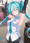  1girl ahoge aqua_hair aqua_necktie aqua_trim armpit_focus armpits arms_behind_head arms_up black_skirt black_sleeves blush breasts closed_eyes closed_mouth collared_shirt commentary_request hair_between_eyes hair_ornament hatsune_miku hatsune_miku_(vocaloid4) highres inue_ao long_hair long_sleeves medium_breasts miniskirt necktie pleated_skirt presenting_armpit shirt skirt sleeveless sleeveless_shirt smile solo sweat twintails very_long_hair vocaloid white_shirt zettai_ryouiki 