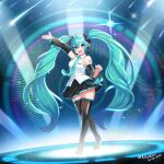  1girl absurdres ahoge aqua_eyes aqua_hair aqua_nails aqua_necktie aqua_trim arm_tattoo arm_up black_skirt black_sleeves boots breasts collared_shirt commentary_request detached_sleeves fingernails full_body hair_between_eyes hair_ornament hatsune_miku hatsune_miku_(vocaloid3) highres kkumboo long_hair long_sleeves medium_breasts nail_polish necktie neon_lights number_tattoo open_mouth pleated_skirt see-through_clothes see-through_sleeves shirt skirt smile solo tattoo thick_thighs thigh_boots thighs twintails twitter_username very_long_hair vocaloid white_shirt wide_sleeves zettai_ryouiki 