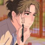  1boy alternate_costume artist_name black_eyes blue_necktie blush body_writing brown_hair closed_mouth commentary cutahime drawing_on_own_face english_commentary eren_yeager green_eyes highres holding holding_marker indoors kimi_no_na_wa. male_focus marker necktie parody scene_reference school_uniform shingeki_no_kyojin shirt short_hair solo white_shirt 