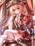  1girl absurdres alternate_costume alternate_headwear artist_name black_hat blonde_hair blush book boots brown_boots brown_corset capelet chinese_commentary collared_shirt commentary_request corset crystal crystal_wings dated fang flandre_scarlet frilled_skirt frills hat highres holding holding_book long_sleeves multicolored_wings necktie one_side_up open_mouth red_capelet red_eyes red_skirt shirt sitting skin_fang skirt solo thighhighs top-exerou touhou white_shirt white_thighhighs wings yellow_necktie 