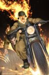  2boys black_hair blurry blurry_background boots claw_(weapon) clenched_teeth comic_cover commentary english_commentary fire flaming_skull ghost_rider ghost_rider_(series) green_helmet helmet highres looking_at_viewer male_focus marvel military_uniform motor_vehicle motorcycle multiple_boys official_art on_motorcycle short_hair sideburns signature skull skull_head teeth textless_version weapon wolverine_(x-men) x-men yoon_junggeun 
