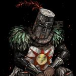  1boy armor artist_name black_background bracer chainmail commentary dark_souls_(series) dark_souls_i english_commentary helm helmet knight male_focus pixel_art pixel_hagl plume sitting solaire_of_astora solo tabard 