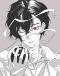  1boy apple bandaged_neck bandages bungou_stray_dogs collared_shirt commentary_request dazai_osamu_(bungou_stray_dogs) food fruit grey_background greyscale hair_between_eyes highres holding holding_food holding_fruit ippip_0nip korean_commentary male_focus monochrome necktie one_eye_closed red_eyes removing_bandages shirt short_hair simple_background solo spot_color 