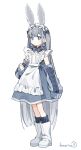  1girl absurdres anima_lears apron bare_shoulders black_socks blue_dress blue_eyes blue_sleeves blush boots closed_mouth commentary_request detached_sleeves dress full_body grey_hair hand_up highres komerina long_hair long_sleeves maid maid_headdress original ribbed_socks sea_slug_ears sea_slug_girl simple_background sleeveless sleeveless_dress socks solo standing twitter_username white_apron white_background white_boots 