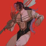  1boy bhima_(fate) closed_mouth commentary_request fate/grand_order fate_(series) holding holding_polearm holding_weapon long_hair long_sleeves looking_ahead male_focus muscular muscular_male pants polearm red_background shirt simple_background solo tnaym v-taper weapon white_pants white_shirt 