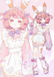  1girl 1other :/ absurdres animal animal_ears apron artist_name bandaged_ear bandaged_leg bandages bandaid bandaid_on_ear bandaid_on_leg blush bow bowtie commentary_request creature_and_personification expressionless footwear_bow frilled_apron frills full_body gauze gauze_on_leg hair_between_eyes hair_bow hair_ornament hairclip hand_up head_tilt headdress highres kneehighs komerina long_sleeves looking_at_viewer maid maid_apron maid_headdress medium_hair multicolored_sweater multiple_hair_bows multiple_views no_nose no_pants no_pupils original parallel_hairclips personification pink_bow pink_eyes pink_hair pink_socks pink_sweater purple_bow purple_bowtie sea_slug sea_slug_ears sea_slug_girl shoes short_twintails sidelocks sleeves_past_fingers sleeves_past_wrists smile socks standing sweater twintails two_side_up unconventional_maid upper_body waist_apron white_apron white_headdress white_shoes x_hair_ornament yellow_trim zipper 