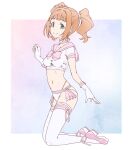  1girl bikini blue_background blunt_bangs border breasts choker closed_mouth collarbone commentary_request covered_nipples curtained_hair dot_nose from_side full_body gloves gradient_background hair_tie hand_up highres idolmaster idolmaster_(classic) idolmaster_million_live! idolmaster_million_live!_theater_days kneeling looking_at_viewer medium_breasts navel orange_hair outside_border pastel_colors pink_background pink_choker pink_ribbon pink_sailor_collar pink_shoes ribbon sailor_bikini sailor_collar school_uniform serafuku shirt shoes short_sleeves sidelocks skinny solo swimsuit takatsuki_yayoi the_end_of_chun thighhighs twintails wavy_hair white_border white_gloves white_serafuku white_shirt white_thighhighs 