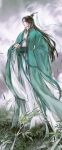  1boy absurdres arm_behind_back black_hair chinese_clothes cloud cloudy_sky commentary_request curtained_hair day falling_leaves floating_hair folded_fan folding_fan full_body furisode_sleeves green_eyes green_robe green_sash half_updo hand_fan hanfu highres holding holding_fan leaf light_particles long_hair long_sleeves looking_to_the_side male_focus on_grass outdoors parted_bangs parted_lips renzha_fanpai_zijiu_xitong ribboned_xiao_guan robe sash shen_qingqiu sky solo standing very_long_hair white_hanfu wide_sleeves yunchuan_1013 