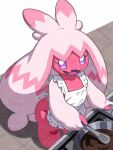 2026 3:4 apron apron_only blush candy chocolate clothing cooking dessert eyelashes female food generation_9_pokemon hair humanoid kitchen kitchen_utensils looking_at_viewer nintendo open_mouth pink_body pink_hair pocklekorpokkur pokemon pokemon_(species) purple_eyes solo teeth tinkaton tongue tools