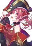  1girl bare_shoulders bicorne black_coat black_hat black_leotard breasts coat eyepatch hashtag-only_commentary hat highres hololive houshou_marine houshou_marine_(1st_costume) jacket koa_soragasuki leotard long_sleeves looking_at_viewer off_shoulder open_mouth red_hair red_jacket see-through_clothes see-through_leotard simple_background sleeveless sleeveless_jacket sleeves_past_wrists smile solo twintails virtual_youtuber white_background 