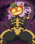 absurd_res anthro big_breasts black_bodysuit black_clothing black_skinsuit bodysuit breasts butt butt_from_the_front candy cemetery clothing dessert domestic_cat epic_games felid feline felis female food for_a_head fortnite front_view hi_res jack-o'-lantern looking_at_viewer mammal miobadders moon night object_head open_mouth open_smile skeleton_costume skinsuit smile solo spice_(fortnite) spread_legs spreading thick_thighs tight_clothing wide_hips