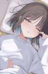  1girl absurdres blue_hair brown_eyes brown_hair colored_inner_hair commentary_request half-closed_eyes head_on_pillow highres long_sleeves looking_at_viewer lying multicolored_hair okishiro_momoka_(shin_no_tenpii) on_back one_eye_closed original pillow rubbing_eyes shin_no_tenpii shirt short_hair sleepy solo white_shirt 