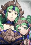  2girls alt_text blush braid breasts commentary dual_persona english_commentary face_to_breasts fire_emblem fire_emblem:_fortune's_weave fire_emblem:_three_houses green_eyes green_hair hair_ornament hair_ribbon headpiece height_difference highres large_breasts long_hair looking_at_another looking_at_viewer multiple_girls open_mouth pointy_ears ribbon ribbon_braid sothis_(adult)_(fire_emblem) sothis_(fire_emblem) tassel tassel_hair_ornament tiara time_paradox twin_braids upper_body yusi_vishnu 