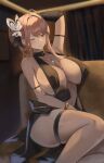  1girl absurdres arm_strap arm_up armpits bare_shoulders black_dress blush bracelet breasts brown_eyes brown_hair closed_mouth commentary dress elvandec emma_(nikke) emma_(tactical_upgrade)_(nikke) emma_(tactical_upgrade)_(secret_therapy)_(nikke) english_commentary goddess_of_victory:_nikke highres huge_breasts indoors jewelry looking_at_viewer navel necklace official_alternate_costume one_eye_closed sideboob sitting solo thigh_strap thighs 