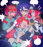  1boy 1girl amate_yuzuriha aqua_eyes blue_hair blush bodysuit breasts closed_mouth cockpit commentary_request control_stick crying gloves gundam gundam_gquuuuuux hair_ornament hat highres jacket long_sleeves mecha_pilot_suit multicolored_bodysuit multicolored_hair multiple_girls normal_suit_(gundam) nut87501 one_eye_closed open_mouth pajamas pants pilot pilot_chair piloting red_hair shirt short_hair shuji_ito speech_bubble sweatdrop tank_top tears 