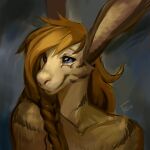 1:1 2019 anthro ariel_fain blue_eyes braided_hair brown_body brown_fur brown_hair digital_media_(artwork) fur hair half-length_portrait lagomorph leporid looking_up male mammal portrait rabbit signature simple_background smile solo