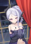  1girl 1other absurdres black_horns black_ribbon blue_archive blush cocktail_dress collarbone commentary_request curtains demon_girl dress earrings elbow_gloves formal_clothes frilled_dress frills gloves hair_ribbon high_ponytail highres hina_(blue_archive) hina_(dress)_(blue_archive) horns jewelry nabe-san necklace night official_alternate_costume official_alternate_hairstyle pendant ponytail purple_dress purple_eyes purple_gloves ribbon single_sidelock sky strapless strapless_dress white_hair window 