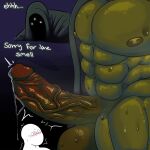 3_eyes abs arthropod barazoku big_muscles big_penis blush blush_lines bodily_fluids clothing cricket dialogue dripping duo faceless_character faceless_male genital_fluids genitals glowing glowing_eyes hi_res hood huge_muscles huge_penis humanoid humanoid_genitalia humanoid_penis insect leaking_precum logan_dreadwood look_outside male male/male morton_(look_outside) multi_eye muscular muscular_humanoid muscular_male musk musk_cloud musky_balls musky_penis nipples orthopterid pecs penis precum precum_drip precum_on_penis precum_string robe robe_only scared smelly smelly_balls sweat sweatdrop thick_penis