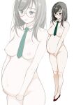  1girl breasts commentary_request commission completely_nude full_body green_necktie grey_hair high_heels highres medium_breasts naked_necktie necktie nipples nude original parted_lips pixiv_commission pregnant pumps red_shoes secret_dmain shoes solo swept_bangs white_background zoom_layer 