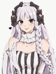  1girl bare_shoulders black_bow black_eyes blush bow braid breasts cleavage collar colored_inner_hair commentary_request detached_sleeves dress fate/strange_fake fate_(series) fgo_si francesca_prelati_(fate) frilled_collar frills grey_hair hair_bow highres long_hair looking_at_viewer medium_breasts multicolored_hair parted_bangs ringed_eyes sidelocks smile solo striped_clothes striped_dress tongue tongue_out very_long_hair white_dress white_hair 