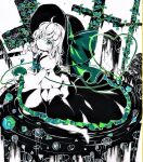  1girl acrylic_paint_(medium) ahoge blouse blue_bow blue_bowtie blue_flower blue_rose bow bowtie closed_mouth cross flower frilled_skirt frilled_sleeves frills from_side full_body green_eyes green_ribbon green_theme hair_between_eyes hat hat_ribbon heart heart_of_string highres holding komeiji_koishi latin_cross long_sleeves looking_at_viewer looking_to_the_side medium_hair painting_(medium) partially_colored plant puffy_sleeves ribbon rose shirt skirt solo third_eye thorns torajirou_(toraneko_zirou) touhou traditional_media twitter_username vines wide_sleeves 