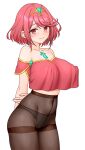  1girl alternate_costume arms_behind_back black_panties bob_cut breasts brown_pantyhose chest_jewel closed_mouth collarbone commentary core_crystal_(xenoblade) covered_navel covered_nipples cowboy_shot crop_top crop_top_overhang earrings english_commentary gem green_gem haishi_kakyo highres jewelry large_breasts looking_at_viewer no_bra no_pants off-shoulder_shirt off_shoulder panties panties_under_pantyhose pantyhose pyra_(xenoblade) red_eyes red_hair red_shirt shirt short_hair simple_background smile solo swept_bangs thighband_pantyhose tiara underwear white_background xenoblade_chronicles_(series) xenoblade_chronicles_2 