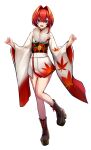  1girl :d absurdres adapted_costume ange_katrina ange_katrina_(new_year) ankle_boots bare_legs black_sash blue_eyes boots brown_boots brown_sash commentary crossed_bangs full_body fur-trimmed_kimono fur_trim furisode gradient_clothes gradient_kimono hair_between_eyes hair_intakes hands_up highres japanese_clothes kimono knees_together_feet_apart lace-up_boots leaf_print light_blush long_sleeves looking_at_viewer multicolored_sash nijisanji obi obiage obidome obijime open_mouth platform_boots print_kimono red_hair red_kimono red_sash sash short_kimono simple_background smile solo standing standing_on_one_leg tatamatsu virtual_youtuber white_background white_kimono 