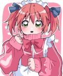  1girl apron blue_bow blush bow bowtie green_eyes hair_bow heart highres jacket kobayakawa_yutaka looking_at_viewer lucky_star maid maid_apron maid_headdress pink_jacket red_bow red_bowtie red_hair short_twintails track_jacket track_suit twintails yororomo2 