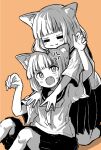  2girls anger_vein animal_ear_fluff animal_ears annoyed cat_ears cat_girl commentary fang greyscale_with_colored_background head_on_head head_rest highres hug hug_from_behind kneeling medium_hair multiple_girls no_nose orange_background original pleated_skirt sailor_collar school_uniform serafuku simple_background sitting skirt slit_pupils smile smison sweatdrop 