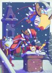  1girl alternate_costume antlers black_pantyhose boots brown_eyes brown_hair building capelet chimney christmas closed_mouth commentary_request dress dudunsparce dudunsparce_(three-segment) dunsparce evolutionary_line eyelashes flying gloves highres horns in_container in_sack kotokiyou lyra_(pokemon) medium_hair on_roof open_mouth pantyhose pokemon pokemon_(creature) pokemon_hgss red_boots red_capelet red_dress red_gloves red_nose reins sack santa_costume santa_dress sleigh snow snowing tree white_bag 