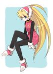  0gawa_gawa 1girl absurdres black_bodysuit blonde_hair blue_background blue_eyes bodysuit border ciel_(mega_man) commentary_request full_body high_ponytail highres invisible_chair long_hair mega_man_(series) mega_man_zero_(series) pink_shirt pink_skirt ponytail shirt simple_background sitting skirt solo white_border 