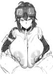  1boy 1girl absurdres ahoge blush breasts breasts_squeezed_together choker commentary_request cum cum_on_body cum_on_breasts ejaculation elbow_gloves gloves goggles goggles_on_head grace_howard greyscale hetero highres huge_breasts medium_hair megao_3rd monochrome nipples paizuri ponytail short_ponytail sidelocks sweat zenless_zone_zero 