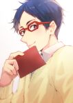 1boy blue_hair book closed_mouth collared_shirt commentary_request free! hand_up holding holding_book long_sleeves male_focus parted_bangs purple_eyes rayu red-framed_eyewear ryuugazaki_rei shirt short_hair sideways_glance simple_background smile sweater upper_body v-neck white_background yellow_sweater 