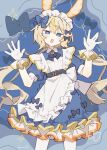  1girl :d absurdres animal_ears apron artist_name belt black_belt black_bow blonde_hair blue_background blue_bow blue_dress blue_eyes bow bright_pupils collared_dress commentary_request cowboy_shot dot_nose double-parted_bangs dress dress_bow flipped_hair frilled_apron frilled_dress frilled_gloves frills gloves hair_between_eyes hair_bow hands_up head_tilt high_belt highres komerina light_blush long_hair looking_at_viewer low_twintails maid maid_apron maid_headdress multicolored_hair multiple_hair_bows open_mouth orange_trim original personification puffy_short_sleeves puffy_sleeves sea_slug_ears sea_slug_girl short_dress short_sleeves sidelocks smile solo standing star_(symbol) streaked_hair twintails very_long_hair waist_apron white_apron white_gloves white_headdress yellow_trim 