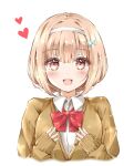  1girl :d alternate_costume ayaro_(genkiloobaii) blunt_bangs blush bow bowtie brown_cardigan brown_hair cardigan collared_shirt commentary_request cropped_torso eyelashes eyes_visible_through_hair fish_hair_ornament hair_between_eyes hair_ornament hairband hands_up happy heart heaven_burns_red highres ooshima_muua open_mouth red_bow red_bowtie red_eyes school_uniform shirt short_hair simple_background sleeves_past_wrists smile solo straight-on upper_body white_background white_hairband white_shirt 